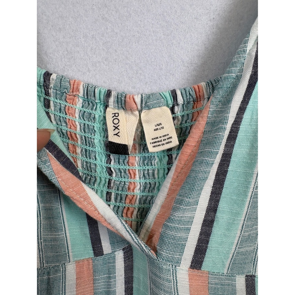 Roxy Womens Striped Maxi Dress Mint Green Coral V-Neck Smocked Back Size Large - Picture 9 of 14